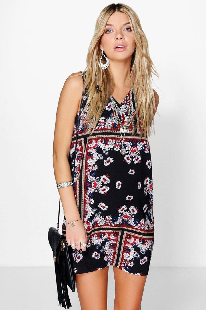 Boohoo Vidma Floral Print Sleeveless Shift Dress Black