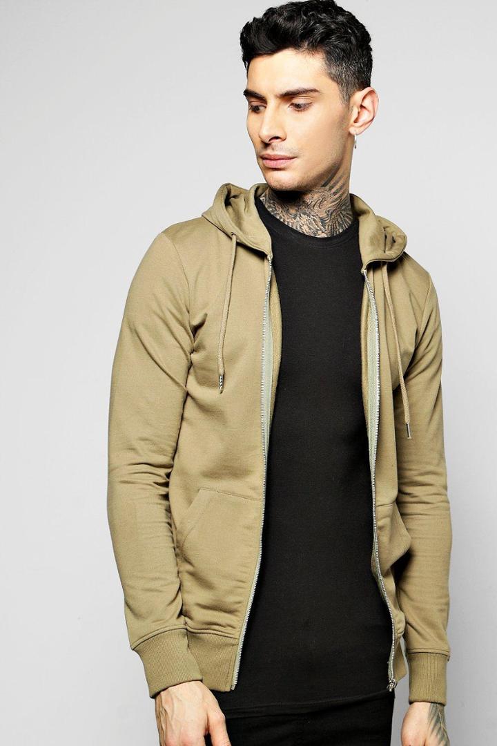 Boohoo Basic Zip Through Hoodie Khaki