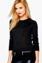 Boohoo Caroline Raglan Sleeve Jumper With Mock Pocket Zippers Black