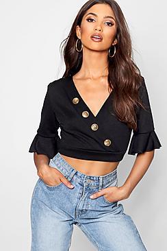 Boohoo Horn Button Wrap Front Crop Top