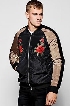 Boohoo Black Raglan Bomber Jacket With Rose Badges