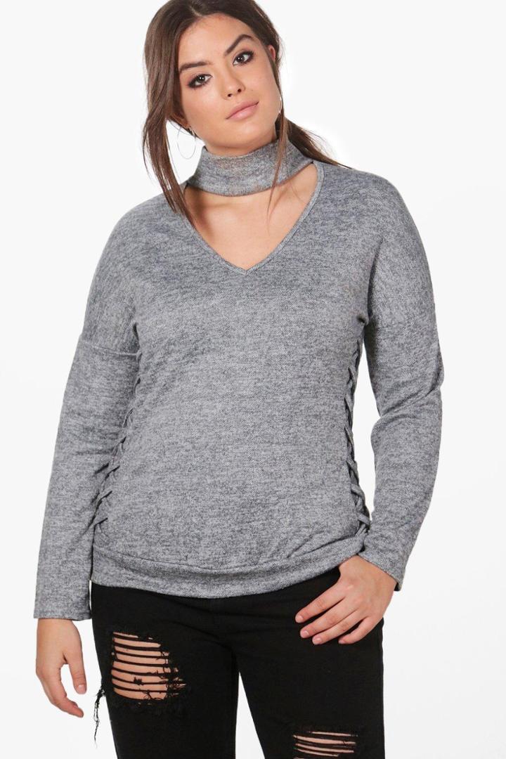 Boohoo Plus Ellie Lace Up Side Choker Sweat Top Grey
