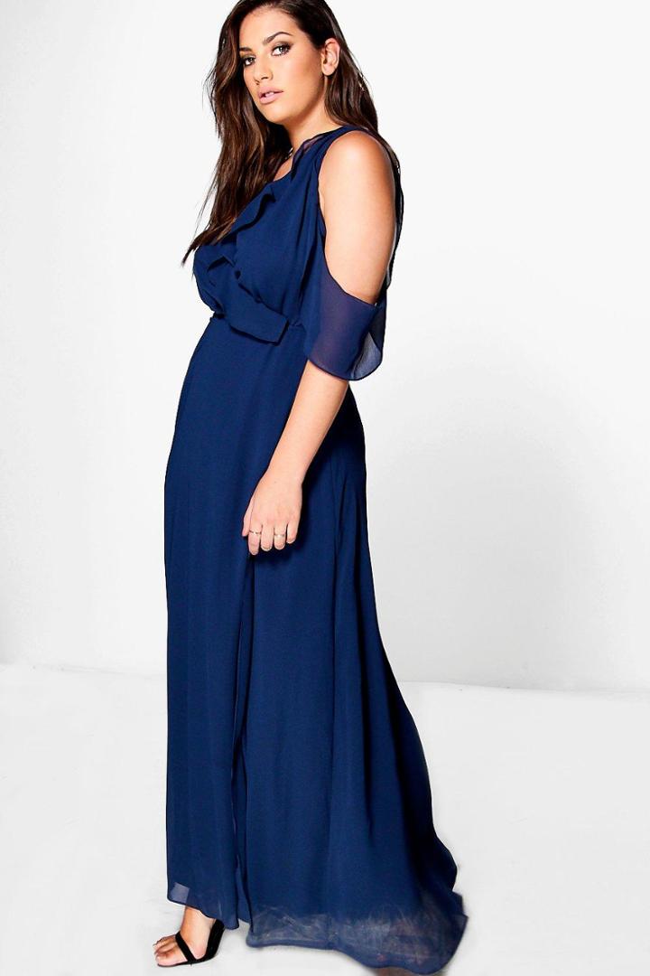 Boohoo Plus Jen Frill Detail Plunge Maxi Dress Navy