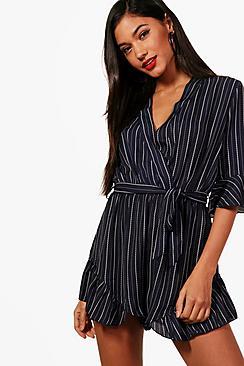 Boohoo Anouk Striped Wrap Flare Sleeve Playsuit