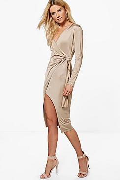 Boohoo Emilt Slinky Long Sleeve Wrap Midi Dress