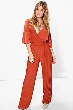 Boohoo Petite Wrap Front Wide Leg Jumpsuit