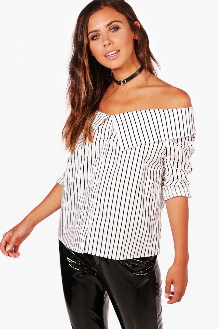 Boohoo Petite Hally Striped Bardot Shirt Multi