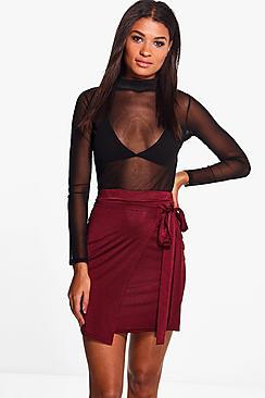 Boohoo Avah Tie Waist Slinky Wrap Mini Skirt