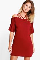 Boohoo Frankie Strappy Neck Flare Sleeve Dress Berry