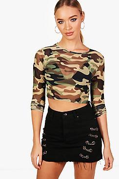 Boohoo Taylor Camo Mesh Long Sleeve Crop