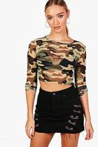 Boohoo Taylor Camo Mesh Long Sleeve Crop