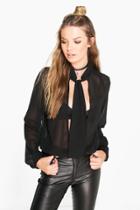 Boohoo Ava Split Front High Neck Blouse Black
