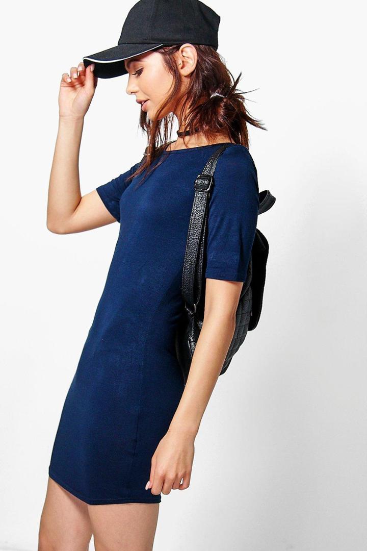 Boohoo Scarlett High Neck Curved Hem Bodycon Dress Navy
