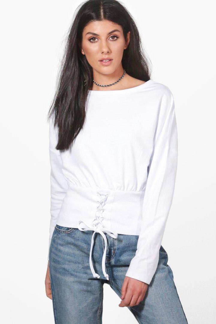 Boohoo Heather Slouchy Lace Up Corset Sweatshirt White
