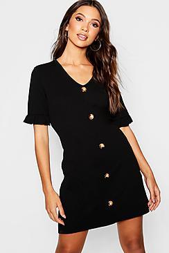 Boohoo Horn Button Frill Sleeve Shift Dress