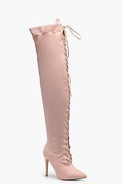 Boohoo Olive Lace Up Pointed Toe Over The Knees