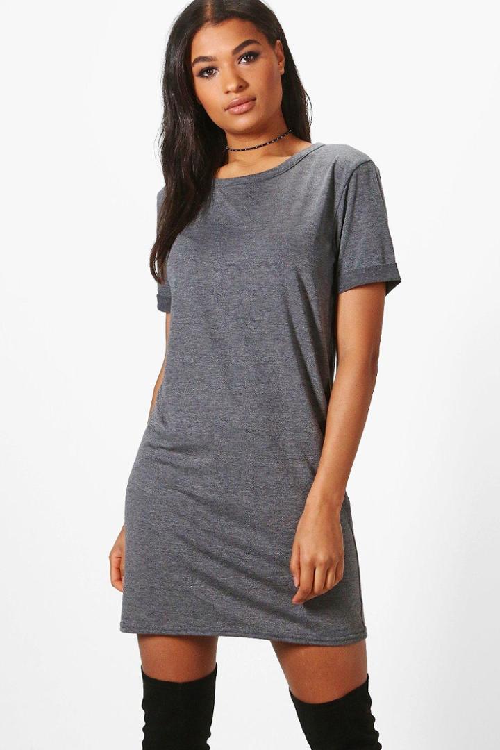 Boohoo Rachel Turn Back Sleeve Tshirt Dress Charcoal