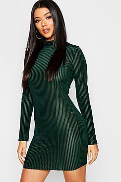 Boohoo Ribbed Velvet Long Sleeve Bodycon Dress