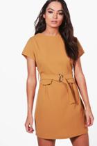 Boohoo Katie Belted Short Sleeve Shift Dress Ochre