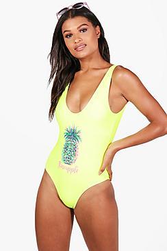 Boohoo Kos Pineapple Slogan Scoop Swimsuit