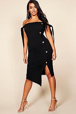 Boohoo Plus Tie Sleeve Button Detail Midi Dress