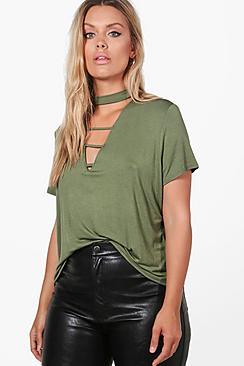 Boohoo Plus Lizzie Choker Detail Plunge Tee