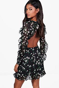 Boohoo Chiffon Floral Open Back Skater Dress