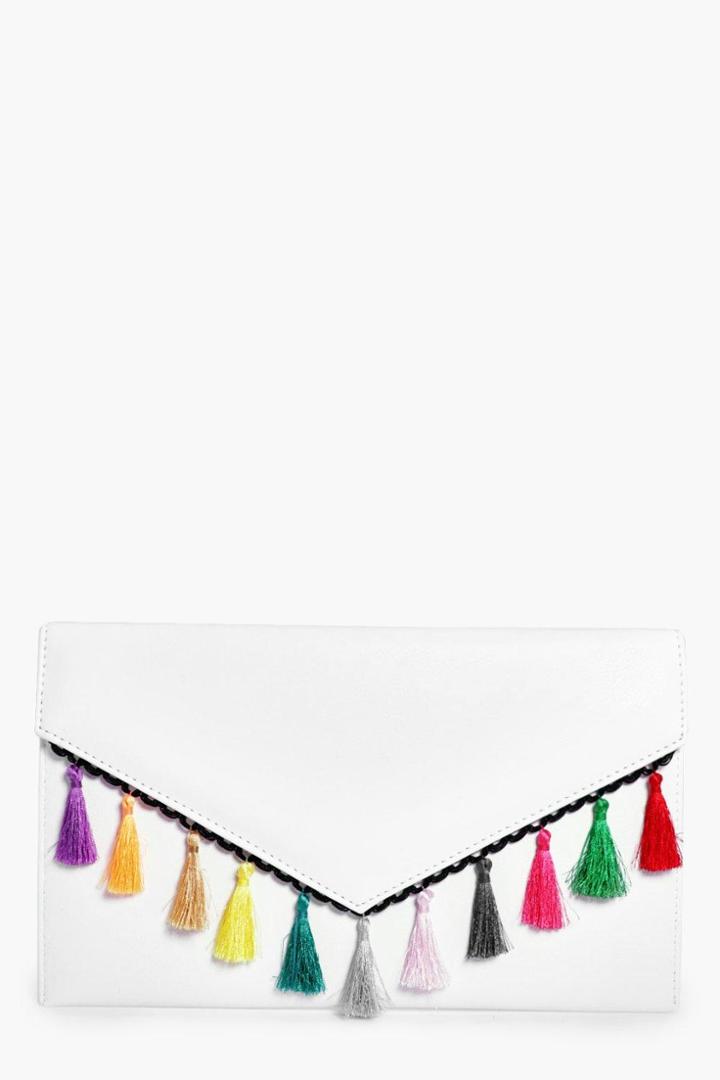 Boohoo Ruby Tassel Trim Envelope Clutch Bag White