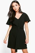 Boohoo Sarah Fluted Sleeve Belted Skater Dress Black