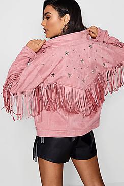 Boohoo Faye Fringe Suedette Jacket With Star Studs