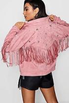 Boohoo Faye Fringe Suedette Jacket With Star Studs