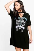 Boohoo Eve Choker Detail Printed Band T-shirt Dress Multi