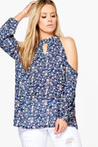 Boohoo Plus Alice Floral Open Shoulder Blouse Navy