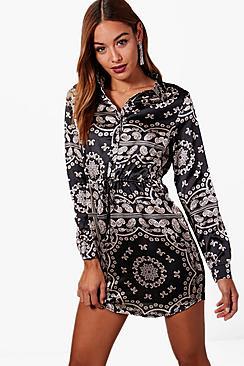 Boohoo Dani Scarf Print Luxe Satin Shirt Dress