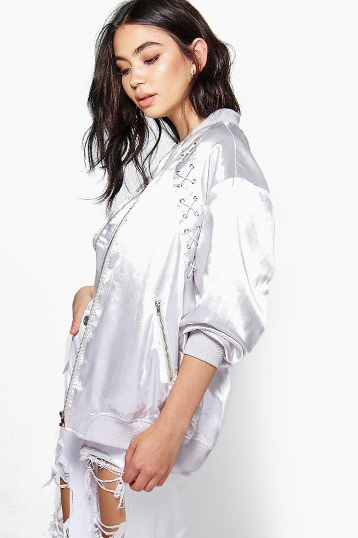 Boohoo Megan Lace Up Bomber Jacket Dove