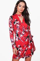 Boohoo Lois Satin Floral Print Choker Wrap Dress