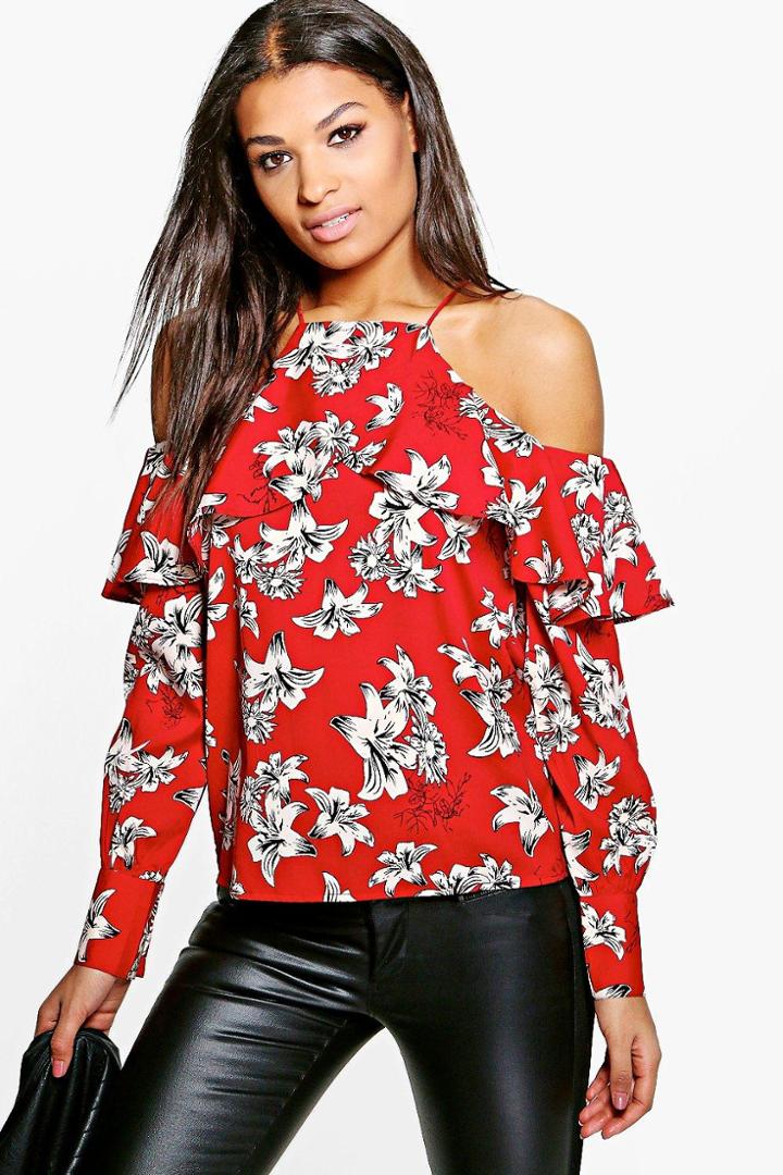 Boohoo Pearl Printed Cold Shoulder Blouse Wine
