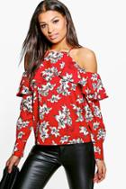 Boohoo Pearl Printed Cold Shoulder Blouse Wine