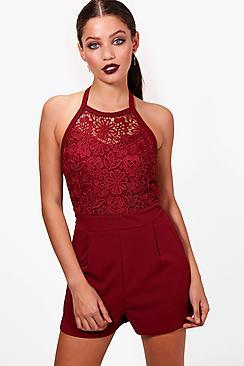 Boohoo Abrielle Crochet High Neck Playsuit