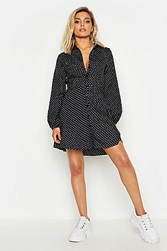 Boohoo Woven Button Through Polka Dot Shirt Dress