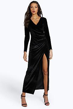 Boohoo Tall Martha Velvet Side Split Long Sleeve Maxi Dress