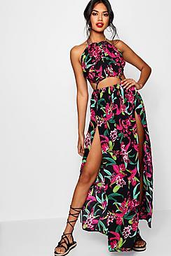 Boohoo Cindy Backless Split Front Tropical Maxi Dress