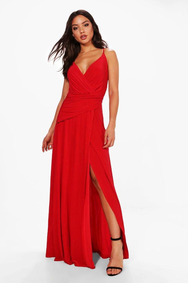 Boohoo Julia Wrap Ruched Strappy Maxi Dress Red