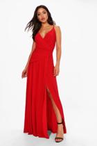 Boohoo Julia Wrap Ruched Strappy Maxi Dress Red