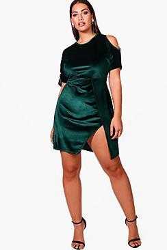 Boohoo Plus Velvet One Shoulder Wrap Dress