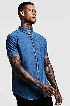 Boohoo Short Sleeve Denim Shirt In Muscle Fit