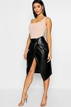 Boohoo Pleat Wrap Front Leather Look Midi Skirt