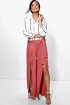 Boohoo Paola Belted Split Front Wide Leg Crepe Trousers Cinnamon