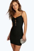 Boohoo Petite Ava Lace Up Front Bodycon Dress Black