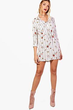 Boohoo Eda Stripe Floral Drawstring Waist Shirt Dress